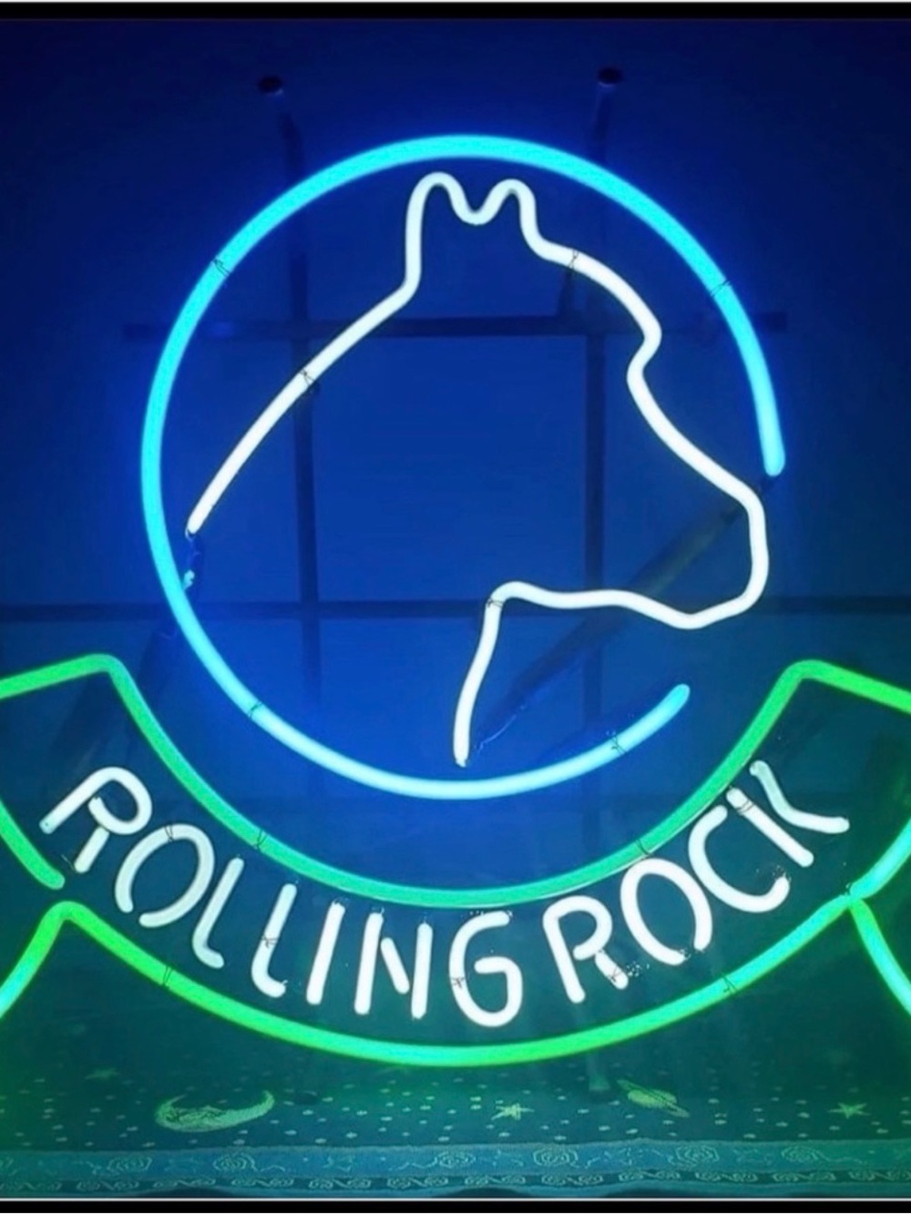 Neon Rolling Rock Wall Sign. Blue & Green with white horse head
